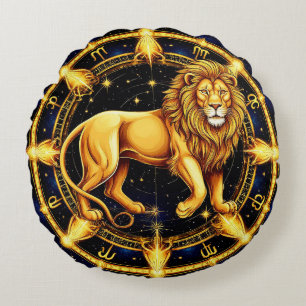 Lejon Zodiakussymbol över himmelsk stjärnig bakgru Rund Kudde
