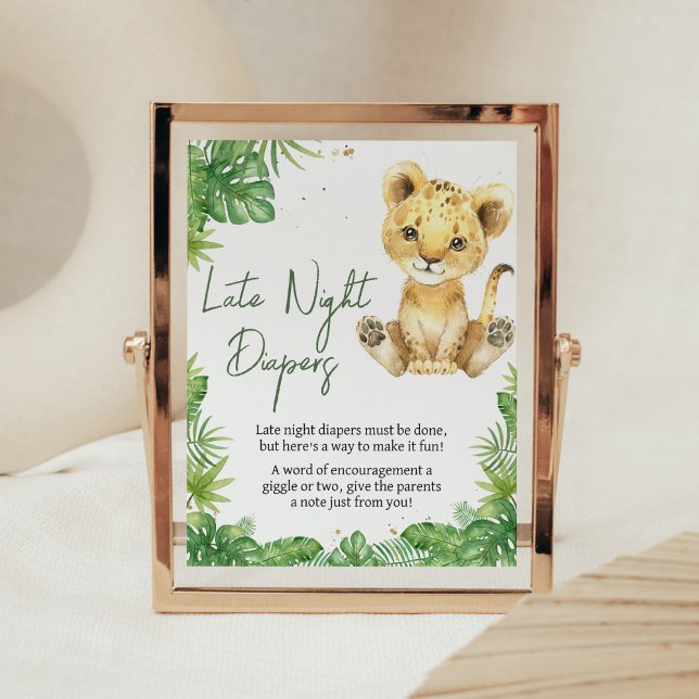 Lejona babyskor sen nattlejon poster (Roaring with Excitement Lion Baby Shower Late Night Diapers Sign)