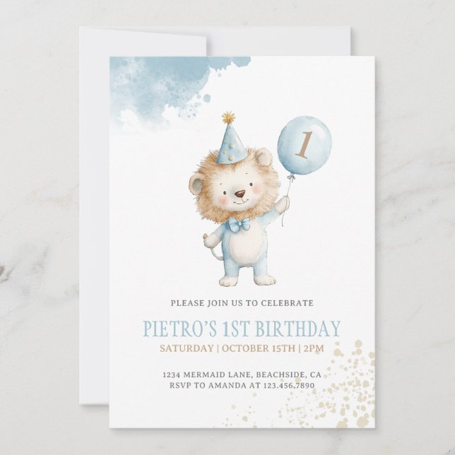 Lejona Blue Balloon Boys 1st Birthday Party Inbjudningar (Framsida)