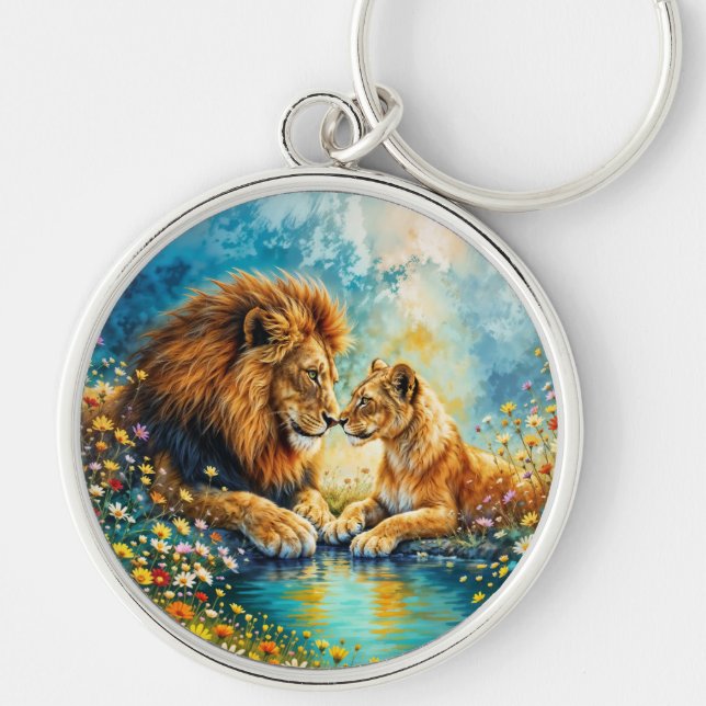 Lejona Lioness vild katt naturen kärlek Rund Silverfärgad Nyckelring (Framsidan)