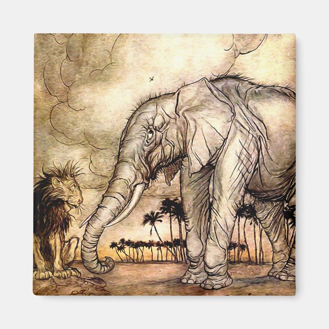 "Lejona och Elephant" av Arthur Rackham Magnet (Framsidan)