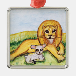 Lejona och lampa julgransprydnad metall