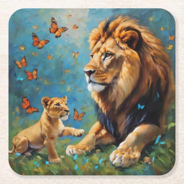 Lejona och Unge Underlägg Papper Kvadrat (Framsidan)