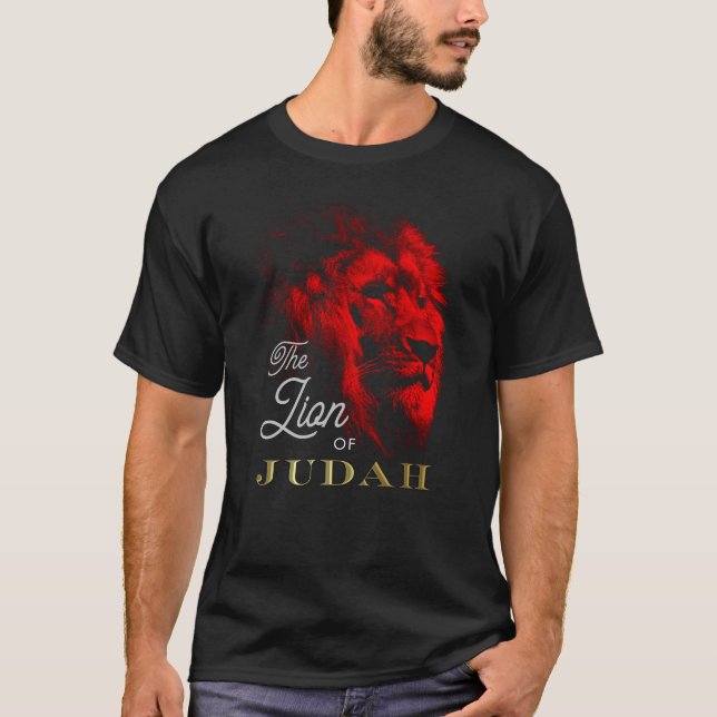 Lejona på Judah Black Red Guld Christian T Shirt (Framsida)