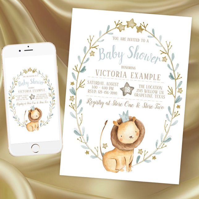 Lejona prins-babyskor inbjudningar (Lion Prince Baby Shower Invitations. Instant download and printed invitations available.)