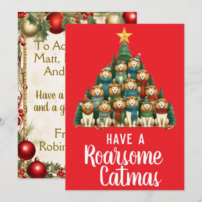 Lejona Roarsome Catmas Julgran Julkort (Fram/baksida)