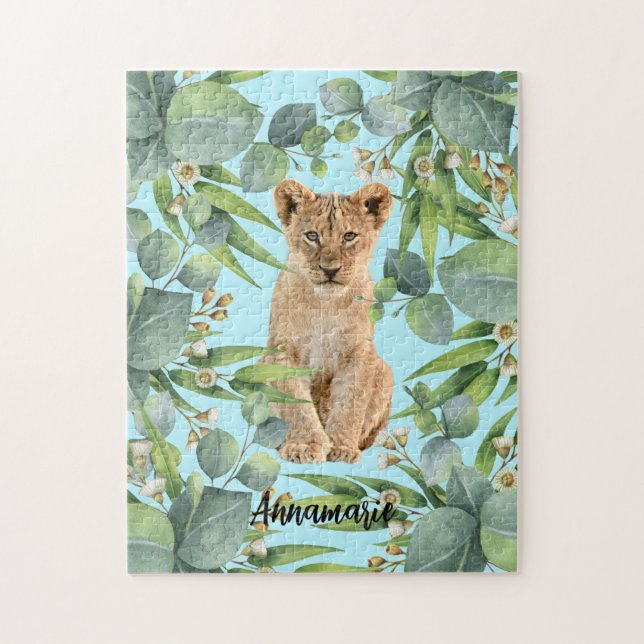 Lejona Unge Cute Teal Jungle Grönt Forest Pussel (Vertikal)