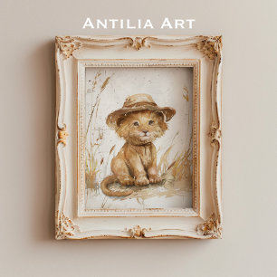 Lejona Unge i Hat Whimsical Rustic Art Poster