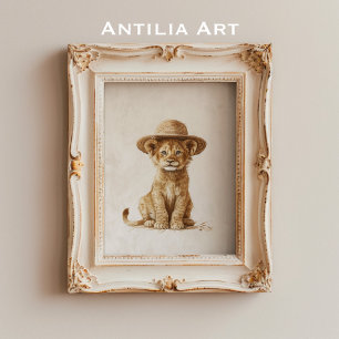 Lejona Unge i Straw Hat Vild Animal Rustic Poster