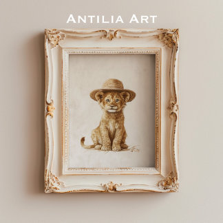 Lejona Unge i Straw Hat Vild Animal Rustic Poster