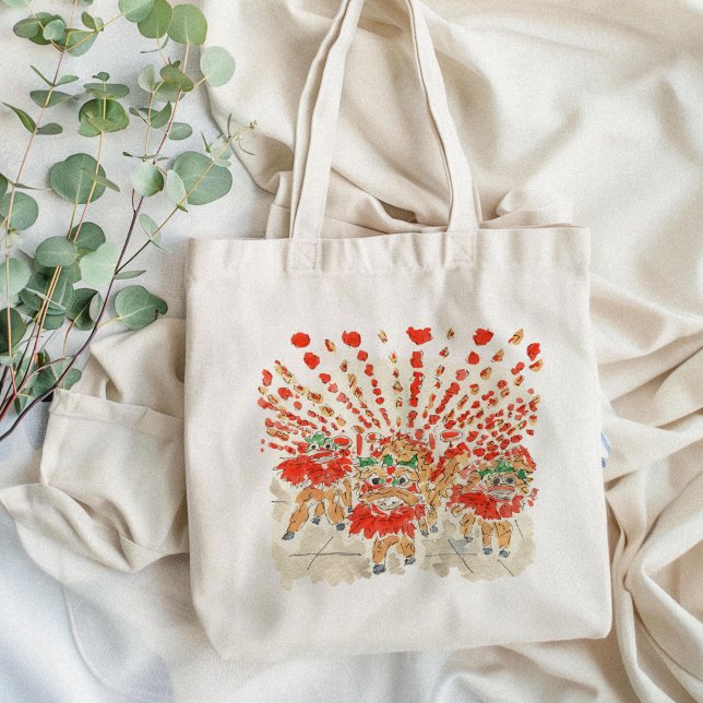 Lejona vattenfärgen kinesiska nyår tygkasse (The Lion Dance Watercolor Chinese New Year Tote Bag)