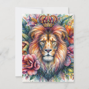 Lejona Watercolor Porträtt i Krona Blommigt Vykort