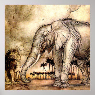 “Lejonet och elefanten” av Arthur Rackham Poster