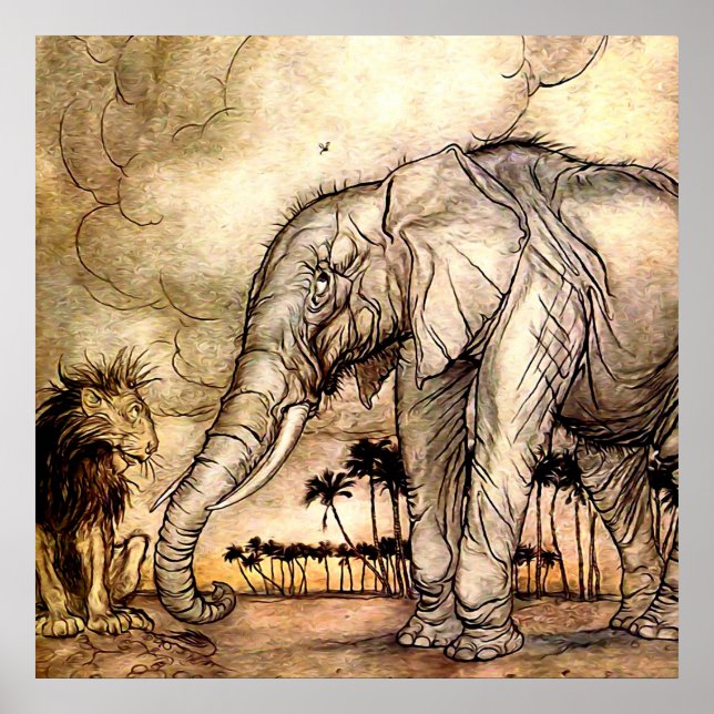 “Lejonet och elefanten” av Arthur Rackham Poster (Framsidan)