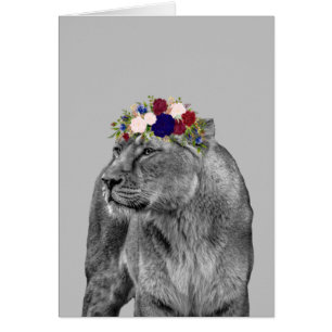 Lejoninna Lejon Djur Flicka Blomsterkrona Svart Vi Hälsningskort