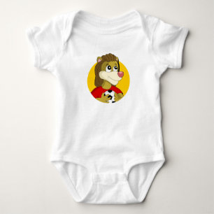 Lejont innehav av fotbolls-tecknad baby-kroppsdräk t shirt