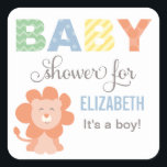Lejont jungeldjur | Pojke Shower Fyrkantigt Klistermärke<br><div class="desc">Den lejona babyduschen i Cute baby gynnar dekordekdesign. Polka-punkt och mönster-rand accenter och anpassningsbar text. Grönt,  gult,  orange,  blått,  grått och vitt färg. Perfekt för pojke!</div>