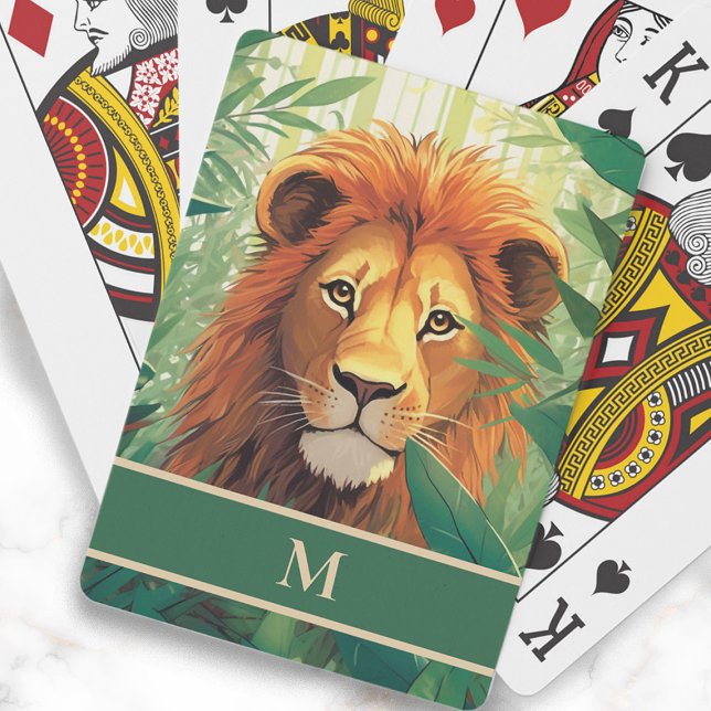 Lejont monogram för hoppmålning - första gången casinokort (Lion in the jungle painting playing cards, personalized with your monogram)