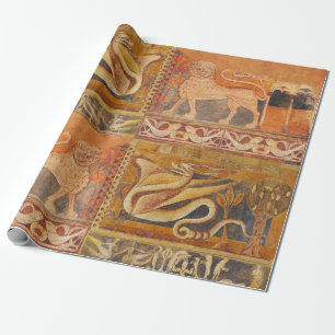 LEJONT OCH DRAGON Medieval Fresco in Gult Orange Presentpapper
