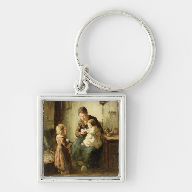 Leka med bebiset, 19th århundrade fyrkantig silverfärgad nyckelring (Framsidan)