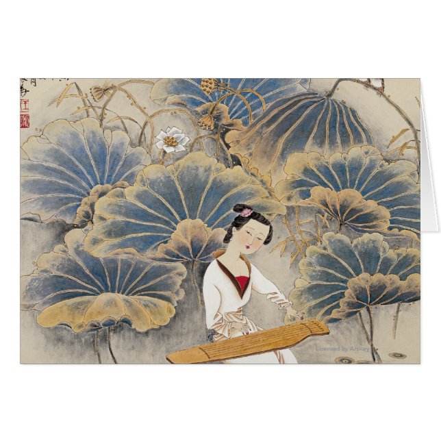 Leka musik vid lotusblommadamm hälsningskort (Framsidan Horizontal)