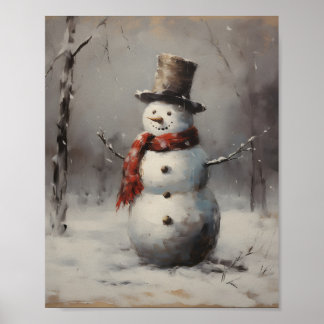 Lekande av Snögubbe med hatt och rödscarf i skogen Poster