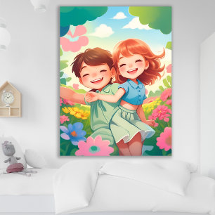 Lekande barn i färgad Blomsterträdgård Poster