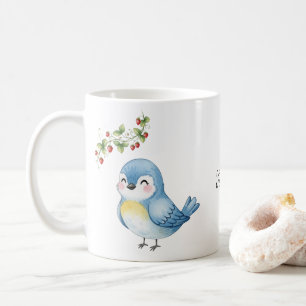 Lekande Cute Little Blue Bird med jordgubbe Kaffemugg
