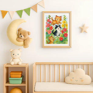 Lekande lantkatter i blomsterträdgård poster