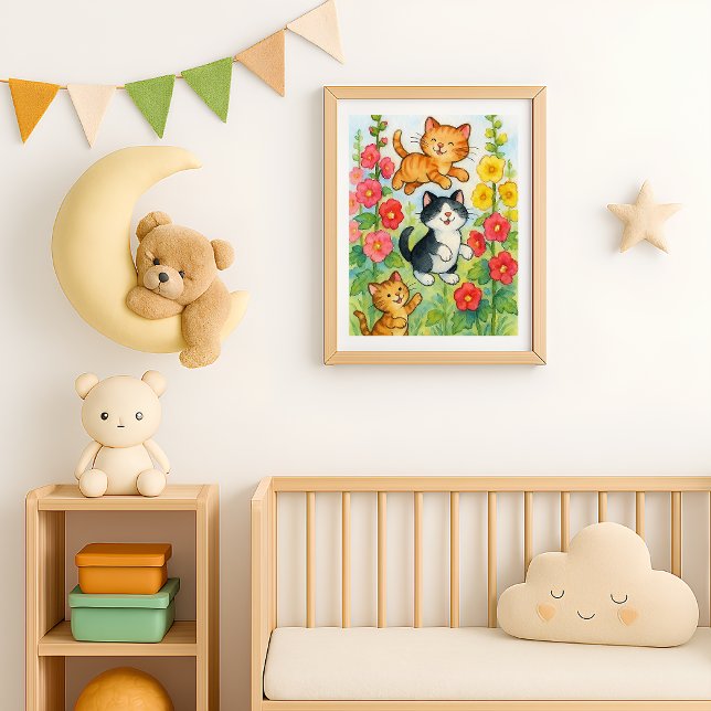 Lekande lantkatter i blomsterträdgård poster (Frolicking Country Cats in Garden poster print in situ)