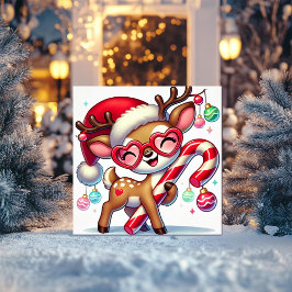 Lekande renar med prydnadsföremål och Candy cane Julkort