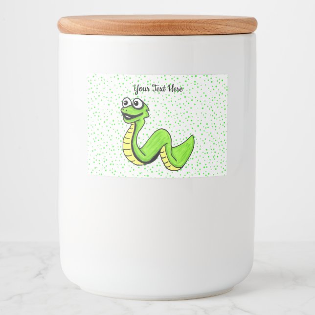 Lekande Roligt Bright Grönt Snake på Polka dots Mat Etiketter (Framsida)