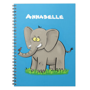Lekande, roligt elefant med fågel på skräppost tec anteckningsbok