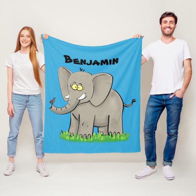 Lekande, roligt elefant med fågel på skräppost tec fleecefilt (På plats)