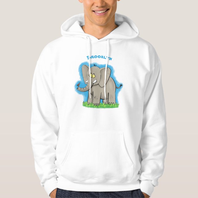 Lekande, roligt elefant med fågel på skräppost tec hoodie (Framsida)