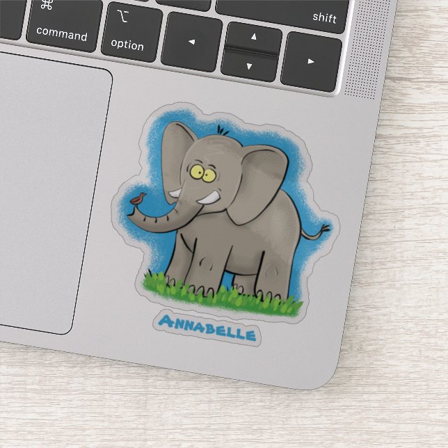 Lekande, roligt elefant med fågel på skräppost tec klistermärken (Detalj)