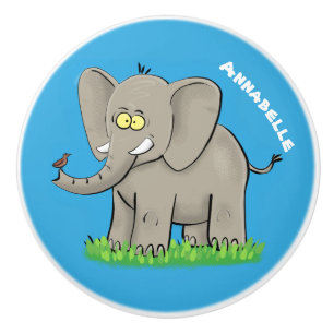 Lekande, roligt elefant med fågel på skräppost tec knopp