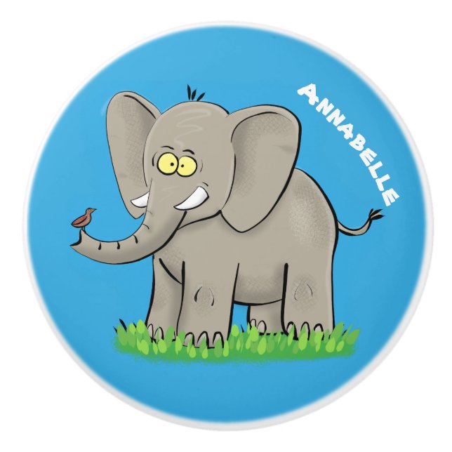 Lekande, roligt elefant med fågel på skräppost tec knopp (Framsidan)