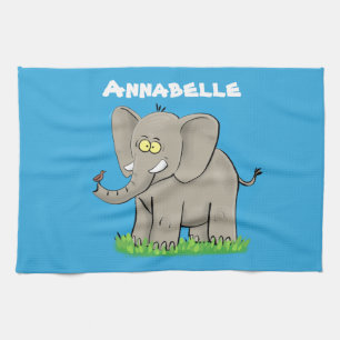 Lekande, roligt elefant med fågel på skräppost tec kökshandduk
