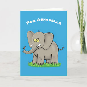 Lekande, roligt elefant med fågel på skräppost tec kort