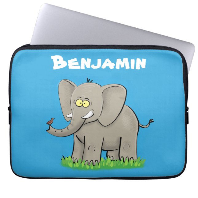 Lekande, roligt elefant med fågel på skräppost tec laptop fodral (Framsidan)