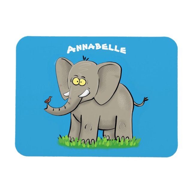 Lekande, roligt elefant med fågel på skräppost tec magnet (Horisontell)