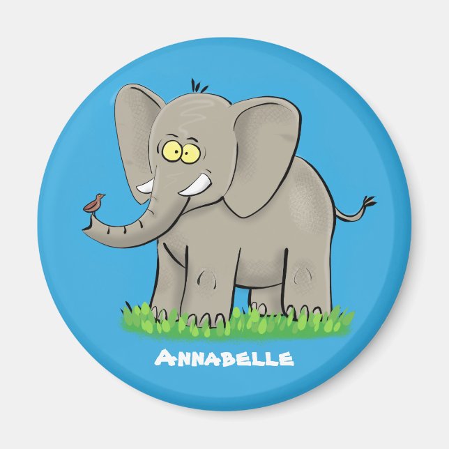 Lekande, roligt elefant med fågel på skräppost tec magnet (Framsidan)
