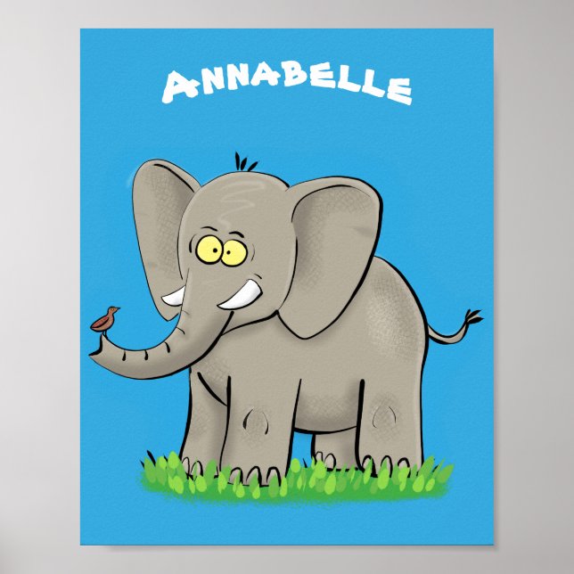 Lekande, roligt elefant med fågel på skräppost tec poster (Framsidan)