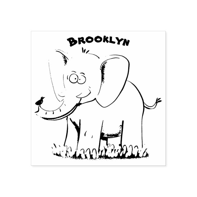 Lekande, roligt elefant med fågel på skräppost tec stämpel (Tryck)