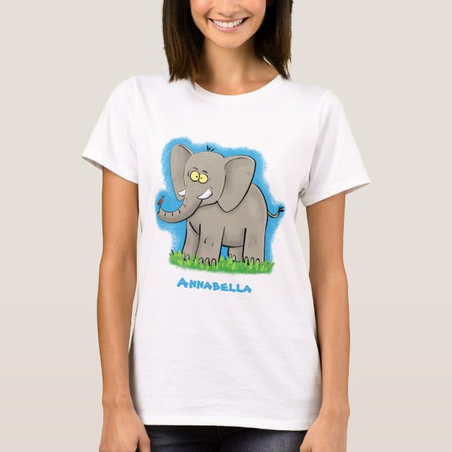 Lekande, roligt elefant med fågel på skräppost tec t shirt (Framsida)