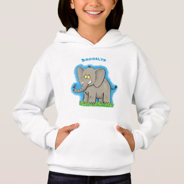 Lekande, roligt elefant med fågel på skräppost tec t shirt (Framsida)
