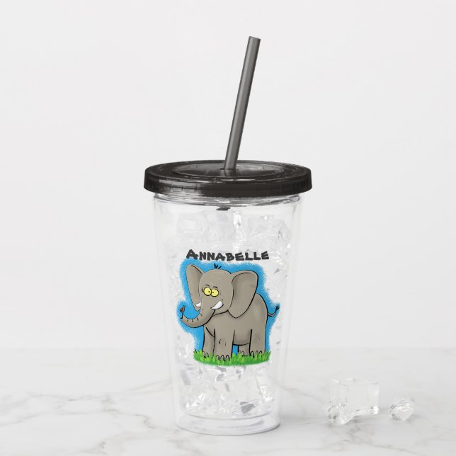 Lekande, roligt elefant med fågel på skräppost tec take away mugg (Baksida Ice)