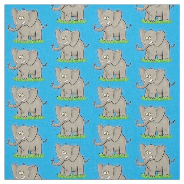 Lekande, roligt elefant med fågel på skräppost tec tyg (Provkarta)