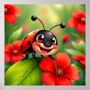 Lekande Tecknad Ladybug Sitta på Flower Poster